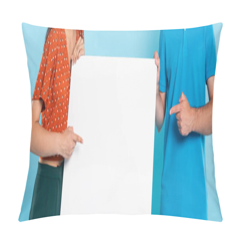 Personality  Cropped View Of Woman In Red Blouse And Man In Blue T-shirt Pointing With Fingers At Empty Board On Blue, Panoramic Orientation Pillow Covers