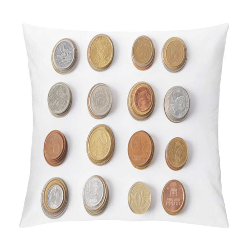 Personality  Top View Of Stacks Of Different Coins On White Pillow Covers