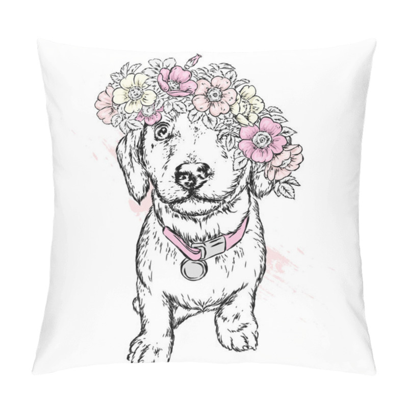 Personality  A Beautiful Dog In A Wreath Of Wild Rose. Vector Illustration For Postcard Or Poster, Print For Clothes. Spring And Summer, A Bouquet Of Flowers. Vintage And Retro. Hipster. Cute Puppy. Pillow Covers