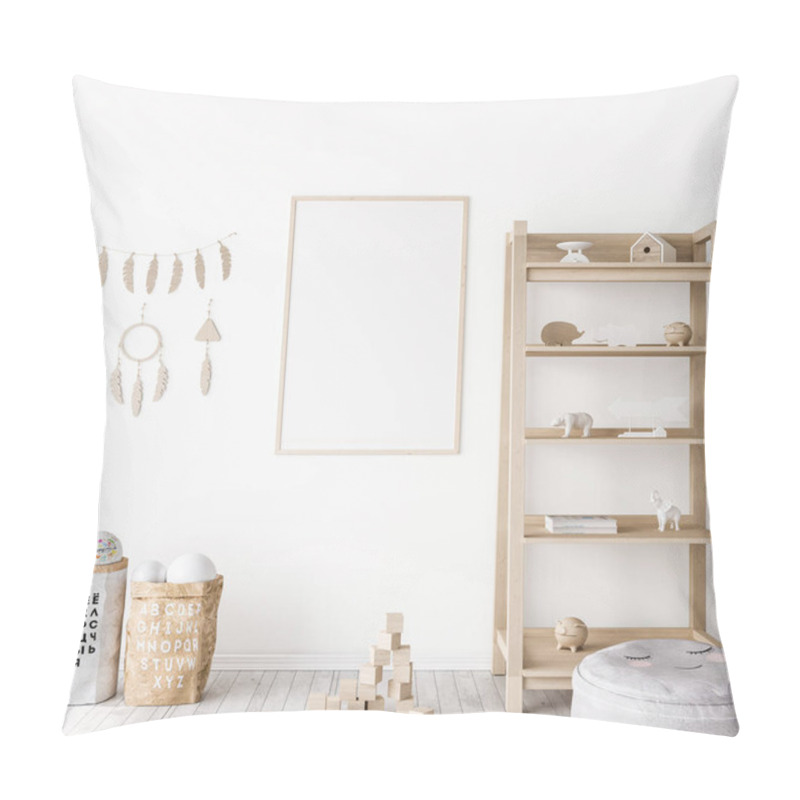 Personality  Frame Mock Up In Farmhouse Baby Room, Natural Wooden Furniture In Nursery Design On White Wall Background, 3d Render Pillow Covers