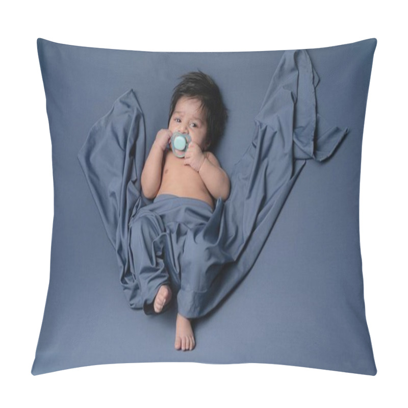 Personality  Portrait Of Baby Boy With Pacifier Leaning On The Bed Covering By Blue Shawl Pillow Covers