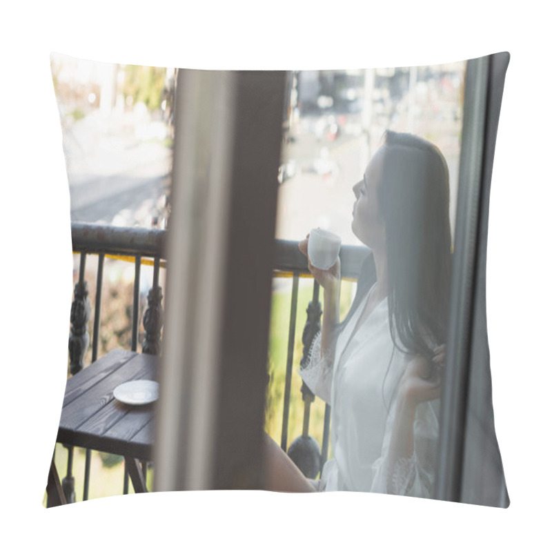 Personality  Brunette Woman With Closed Eyes Drinking Tea And Sitting On Balcony Pillow Covers