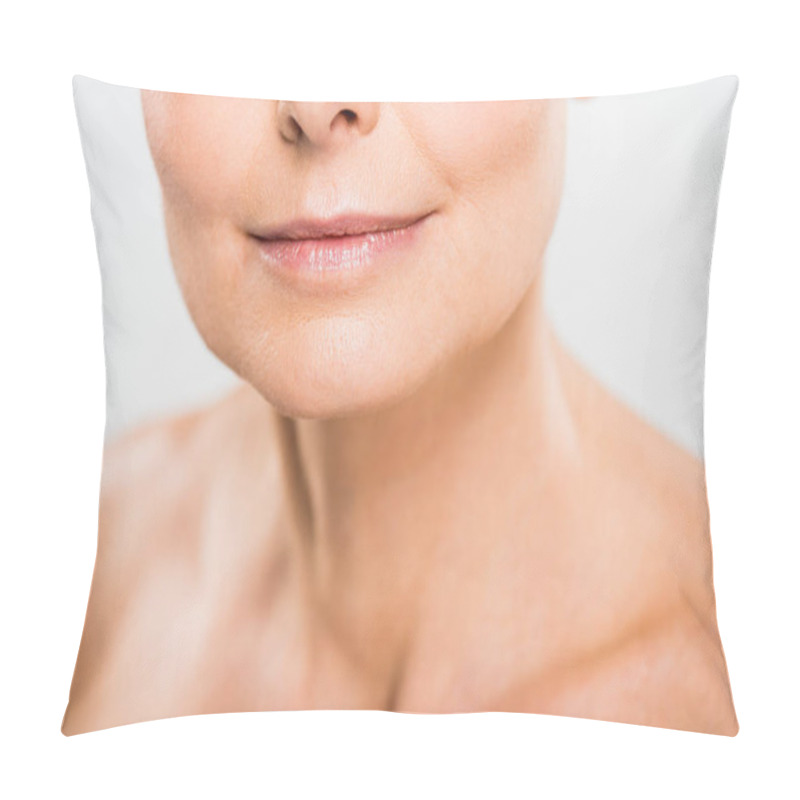 Personality  Selective Focus Of Mature Woman Isolated On Grey With Copy Space  Pillow Covers