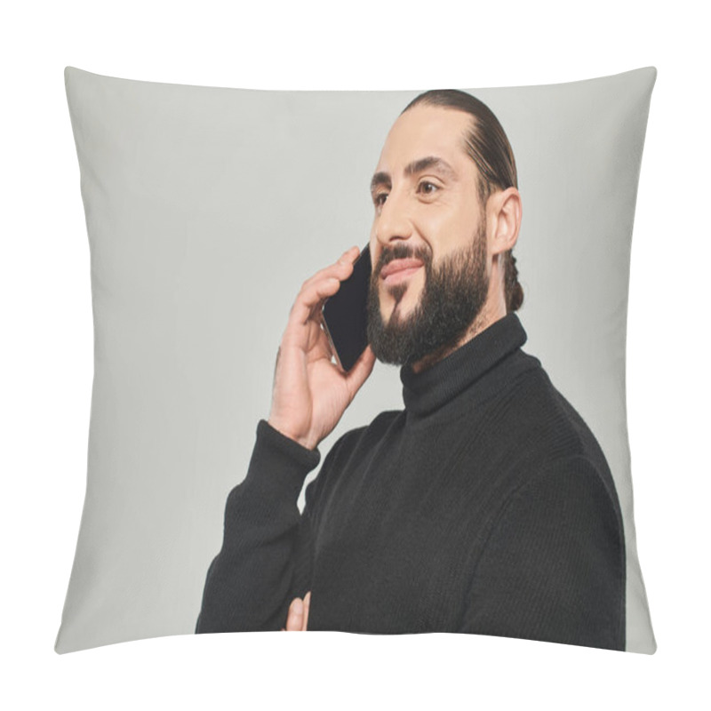 Personality  Cheerful Arabic Man With Beard Smiling And Having Phone Call On Smartphone On Grey Background Pillow Covers