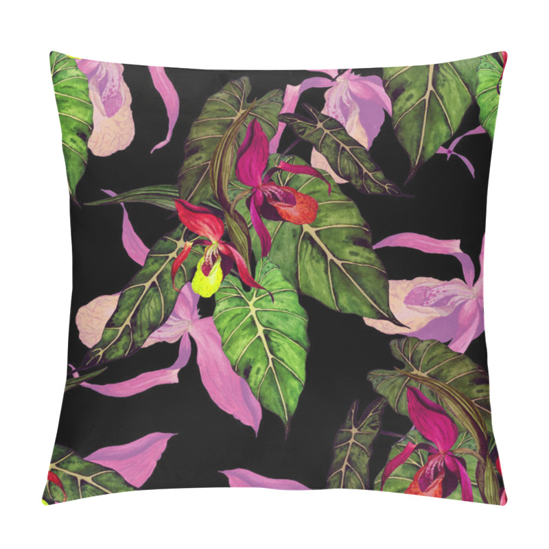 Personality  Watercolor Floral Seamless Patern With Tropical Orchid Flowers On Black. Exotic Floral Print. Colorful Spring Or Summer Nature Background. Pillow Covers