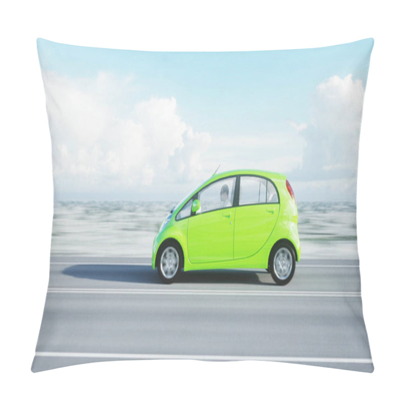 Personality  3d Model Of Electric Green Car With 3d Model Of Man. Render. Ecology Concept. 3d Rendering. Pillow Covers