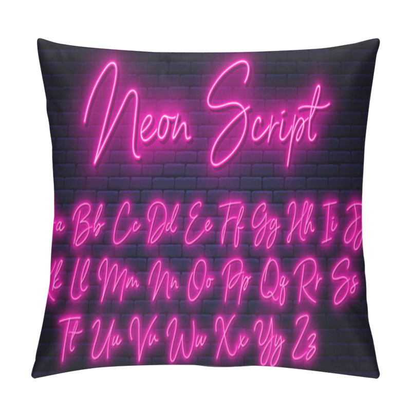 Personality  Glowing Neon Script Alphabet. Neon Font With Uppercase And Lowercase Letters. Handwritten English Alphabet With Neon Light Effect. Vector Pillow Covers