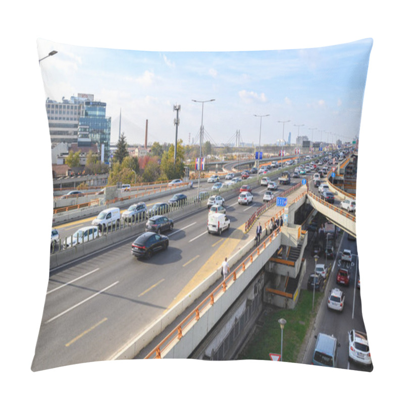 Personality  Mostar Loop Interchange And Urban Highway Over Gazela Bridge (European Route E75) In Belgrade, Capital Of Serbia On 31 October 2024 Pillow Covers