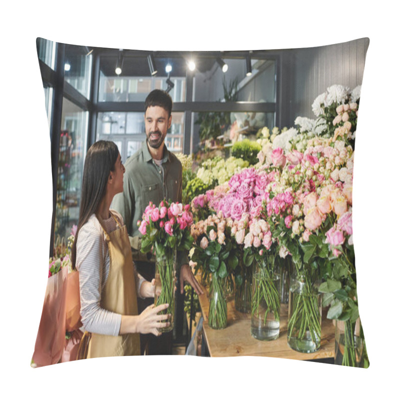 Personality  A Dedicated Florist Is Helping A Male Client Choose Beautiful Flowers In Her Charming Shop. Pillow Covers