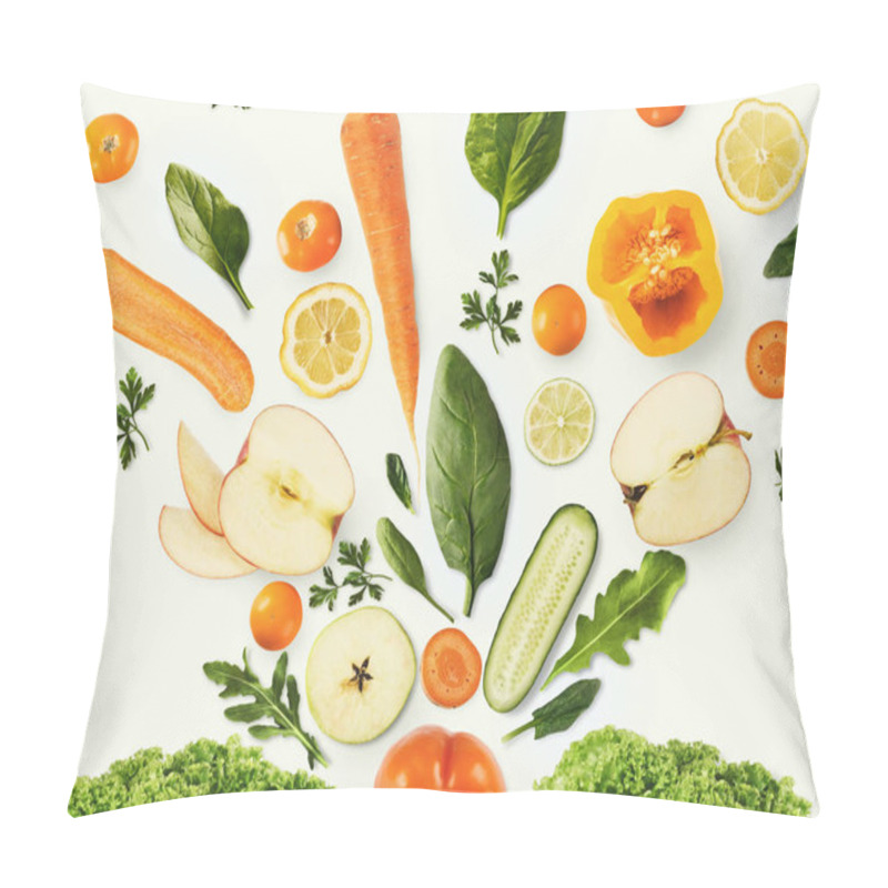 Personality  Collage Of Various Fruits And Vegetables On White Background, Isolated Pillow Covers