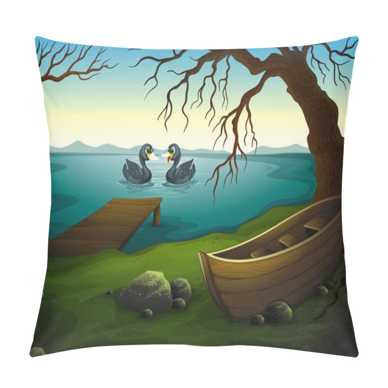 Personality  A Boat Under The Tree Near The Sea With Two Ducks Pillow Covers