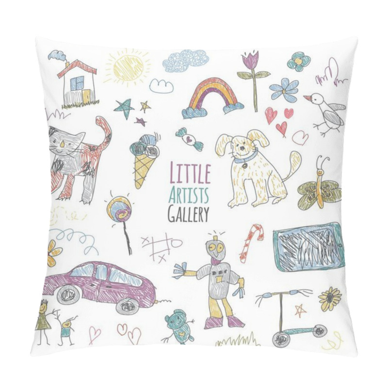 Personality  Set Of Childrens Doodles. Kids Drawings Vibrant Collection. Artwork Featuring A Mix Of Colorful And Playful Drawings. The Images Vary In Style, Showing Animals, Landscapes, Smiling People, And Pillow Covers