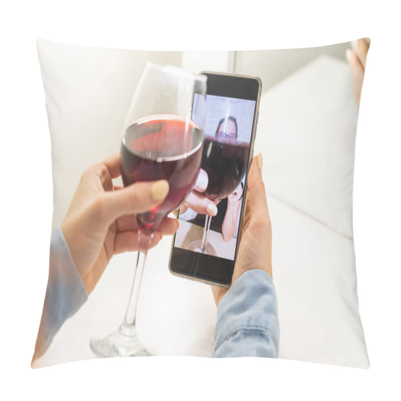 Personality  The Women Talk Over Video Communication On The Phone And Drink Red Wine. The Quarantined Girl Is Not Making A Video Call Pillow Covers