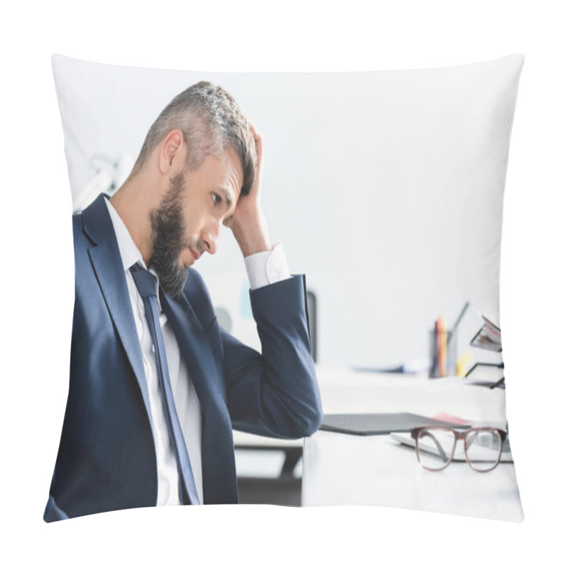 Personality  Tired Businessman Looking At Laptop Near Eyeglasses On Blurred Foreground On Office Table  Pillow Covers