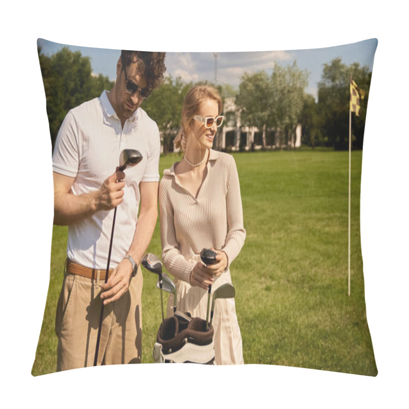 Personality  A Young Couple, Elegantly Dressed, Stands Together On A Picturesque Golf Course, Embodying A Classic, Upper-class Lifestyle. Pillow Covers