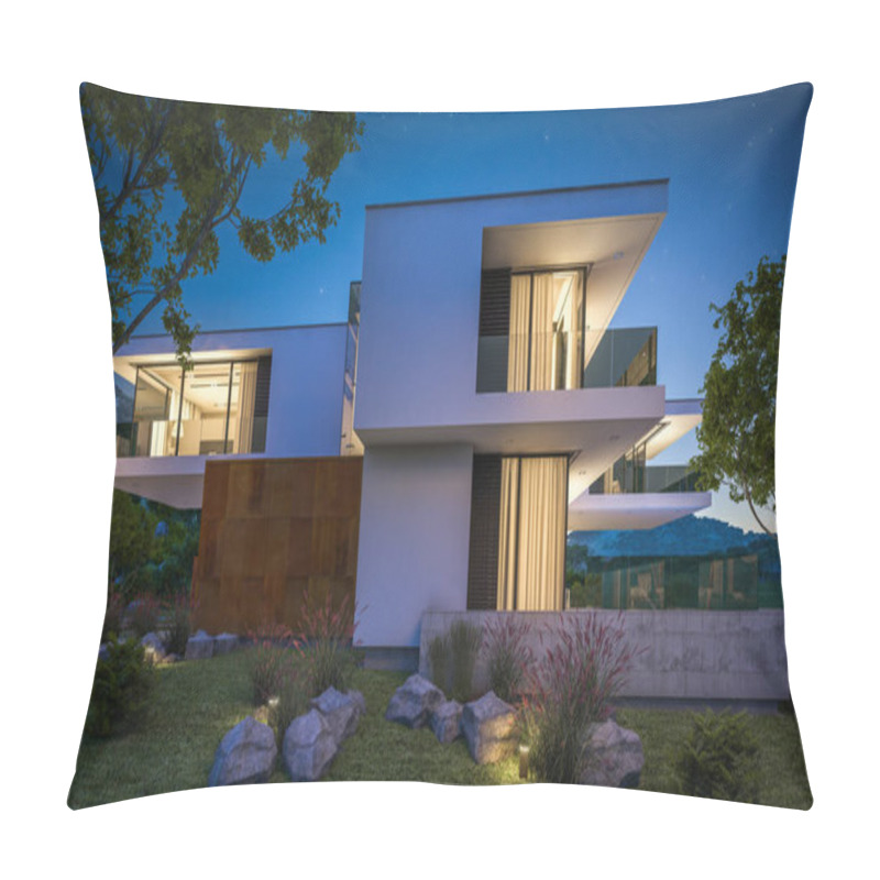 Personality  3d Rendering Of Modern House By The River At Night Pillow Covers