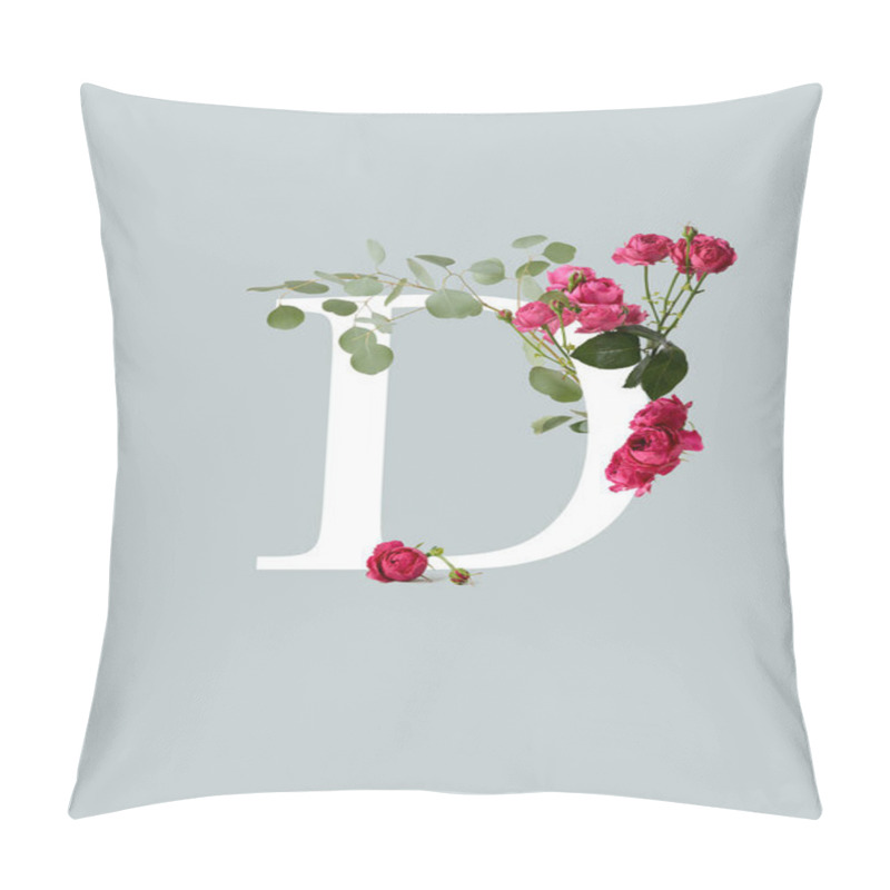 Personality  White Letter D With Pink Roses And Green Leaves Isolated On Grey Pillow Covers