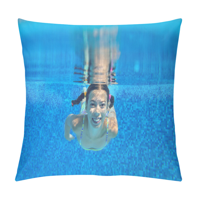 Personality  Child Swims In Pool Underwater, Happy Active Girl Has Fun Under Water, Kid Sport On Family Vacation Pillow Covers