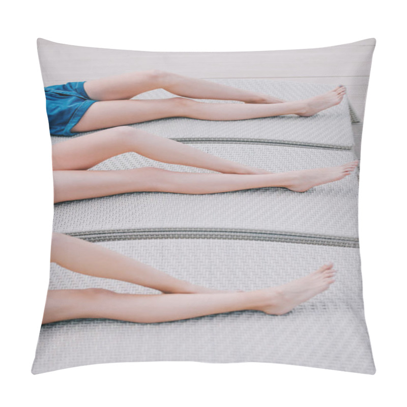 Personality  Low Section Of Young Women Resting On Chaise Lounges At Beach Pillow Covers