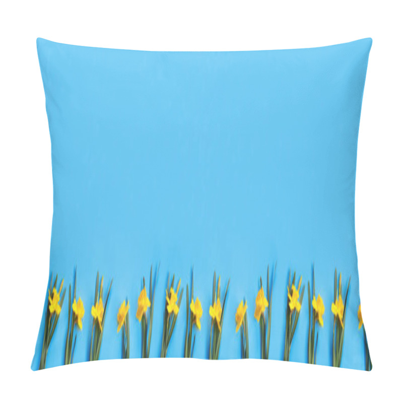 Personality  Set Of Beautiful Yellow Daffodils Lie On A Blue Background. Flat Lay Top View With Copy Space For  Your Text Pillow Covers