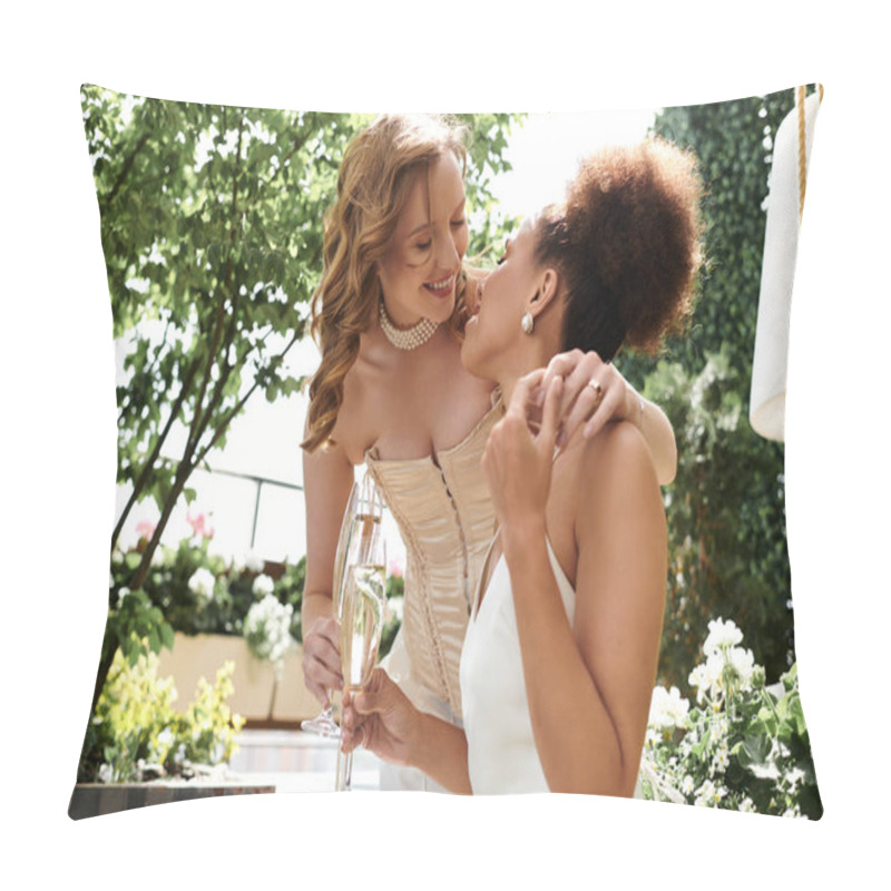 Personality  Lesbian Couple Cherishing Romantic Wedding Moment, Holding Champagne Flutes, Smiling. Pillow Covers