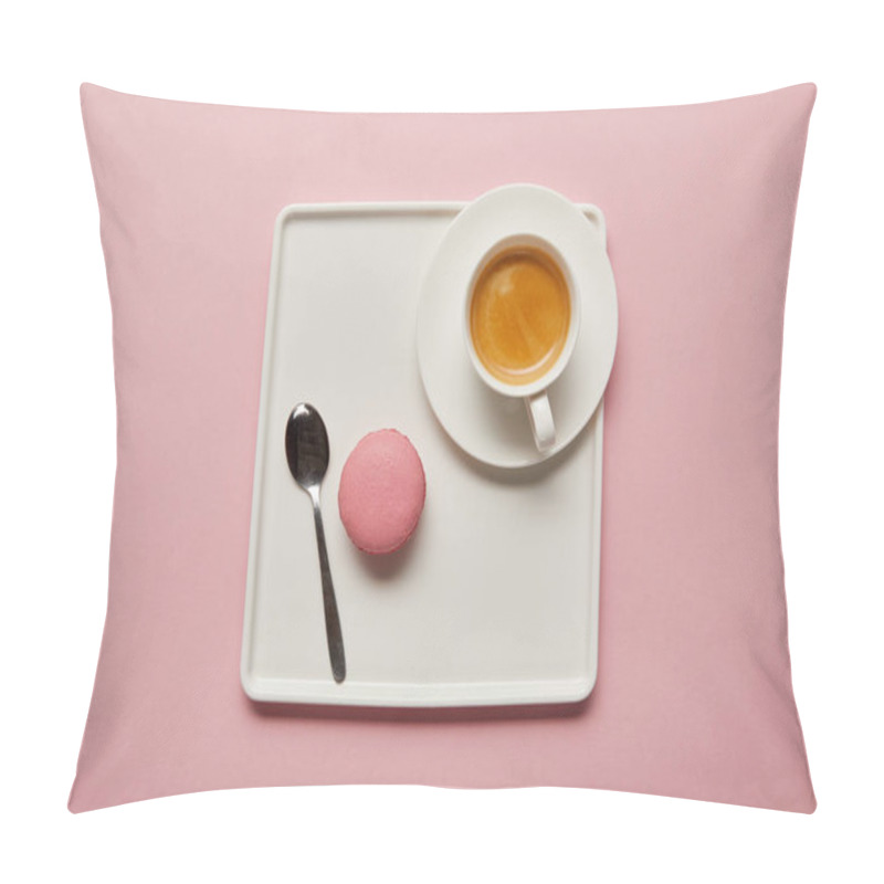 Personality  Top View Of Pink Macaroon With Spoon And Cup Of Coffee On Big Square White Dish On Pink Background Pillow Covers