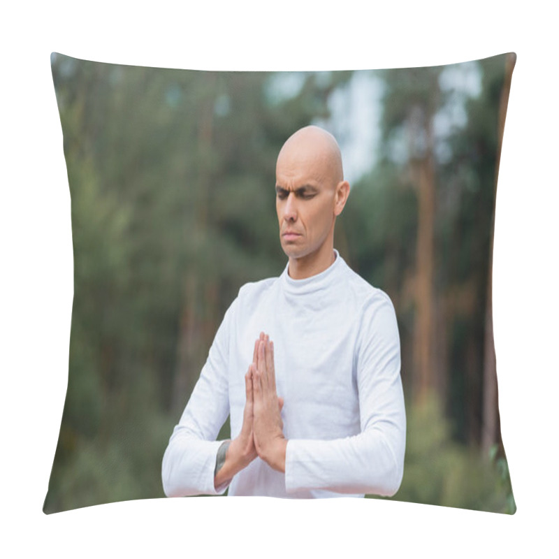 Personality  Buddhist In Sweatshirt Praying With Closed Eyes Outdoors Pillow Covers