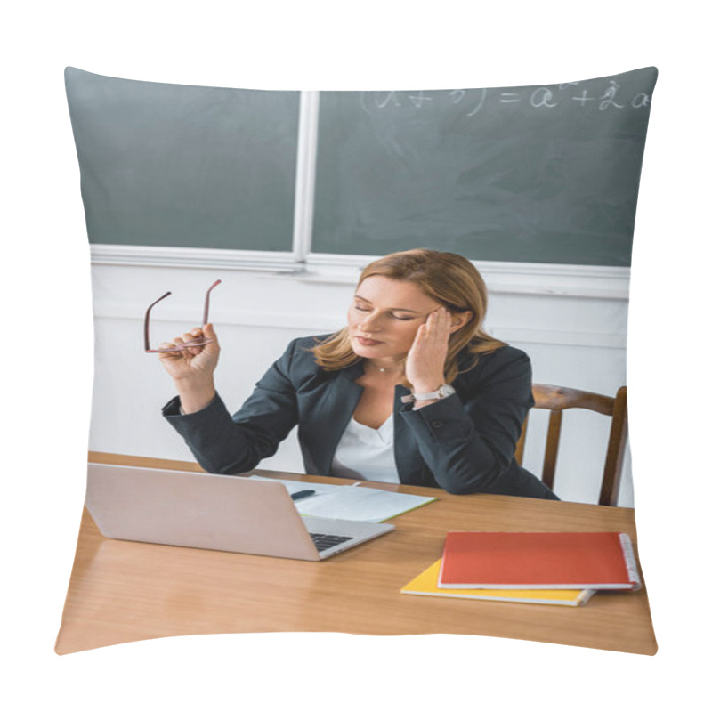 Personality  Female Teacher Sitting At Computer Desk, Holding Glasses And Having Headache In Class Pillow Covers