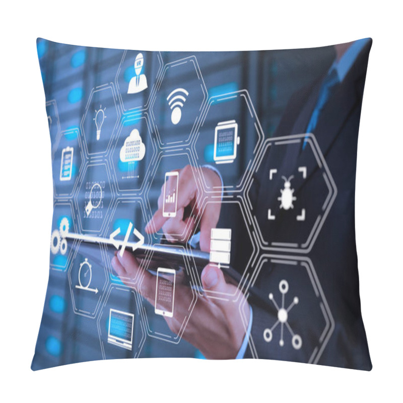 Personality  Coding Software Developer Work With Augmented Reality Dashboard Computer Icons Of Scrum Agile Development And Code Fork And Versioning With Responsive Cybersecurity.businessman Hand Using Tablet Computer. Pillow Covers