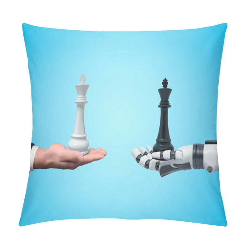 Personality  Side View Of Human Hand Holding White Chess King And Android Robot Hand Holding Black Chess King Opposite One Another On Light Blue Background. Pillow Covers