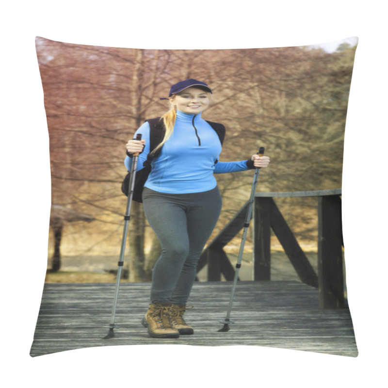 Personality  Closeup Of Young Woman With Nordic Walking Poles  Pillow Covers