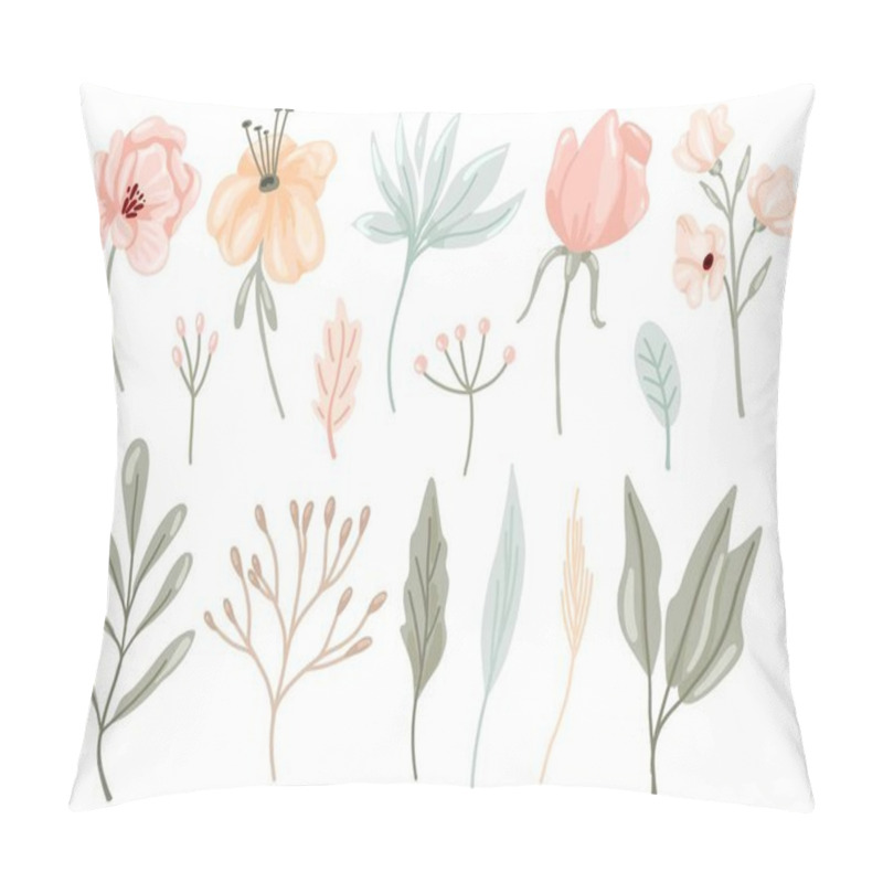 Personality  Pastel Flowers And Leaves Set. Hand Drawn Elegance Boho Style Botanical Collection, Soft Colors, Romantic Decor For Wedding And Valentines Day Cards. Vector Isolated Floral Set Pillow Covers