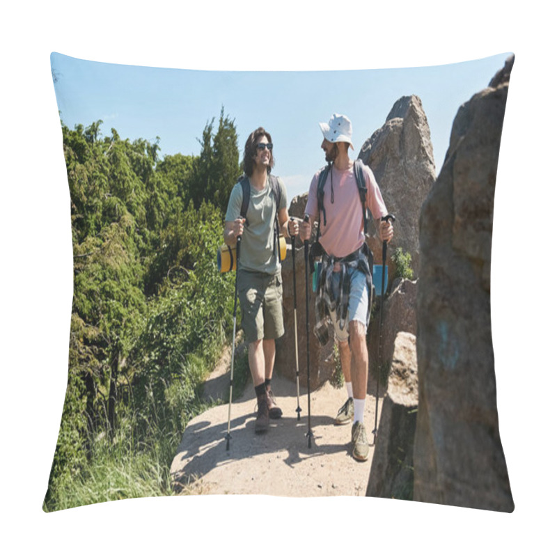 Personality  A Young Gay Couple Hikes Through A Rocky Wilderness Trail, Laughing And Enjoying The Summer Scenery. Pillow Covers