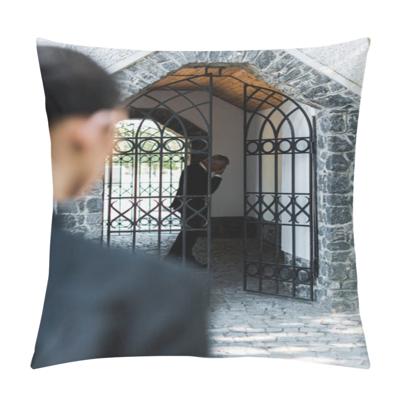 Personality  Selective Focus Of Sad Man Covering Face In Building Near Woman  Pillow Covers