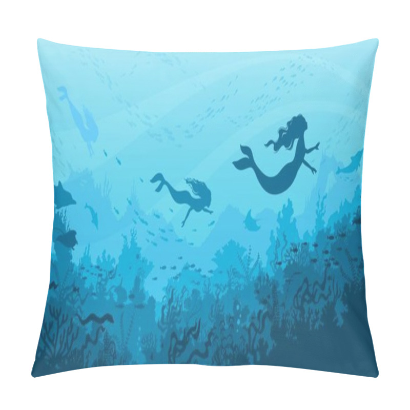 Personality  Underwater Sea Landscape With Mermaid Silhouettes, Cartoon Fairy Tale Undersea, Vector Background. Ocean Fantasy World With Underwater Silhouettes Of Mermaids With Dolphins, Stingray And Fishes In Sea Pillow Covers