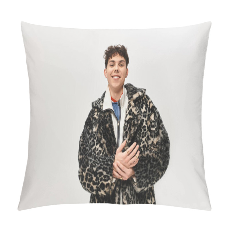 Personality  Handsome Man Smiles Confidently While Wearing A Stylish Leopard Print Coat In A Bright Setting. Pillow Covers