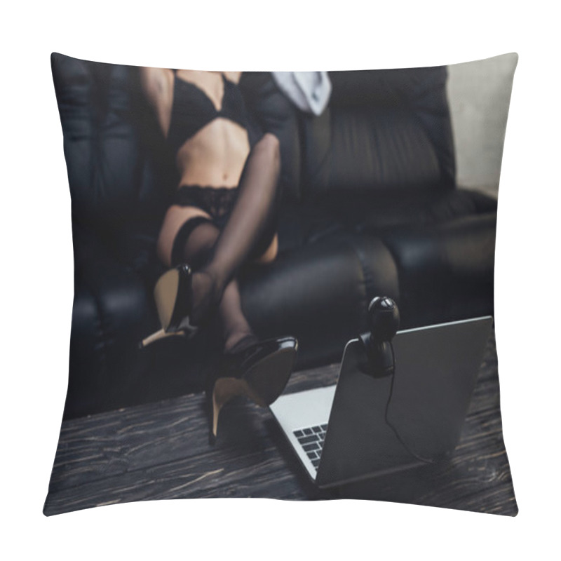 Personality  Selective Focus Of Sensual Woman In High Heeled Shoes Sitting On Couch In Front Of Web Camera Pillow Covers