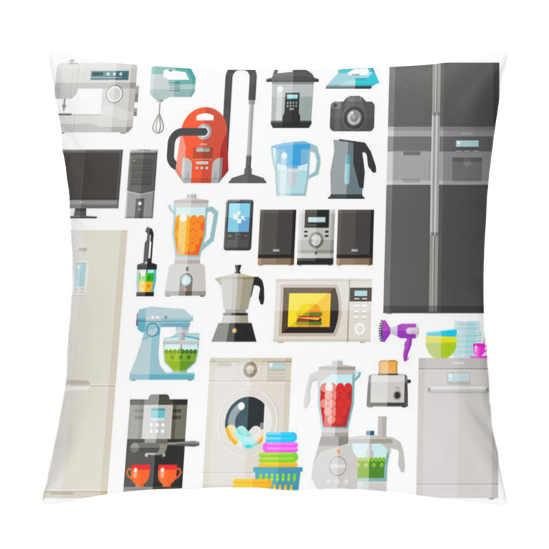 Personality  Home Appliances Icons Set. Set Of Elements - Sewing Machine, Vacuum Cleaner, Mixer, Computer, Fridge, Coffee Machine, Juicer, Phone, Kettle, Washing Machine, Food Processor, Toaster, Dishwasher, Micro Pillow Covers