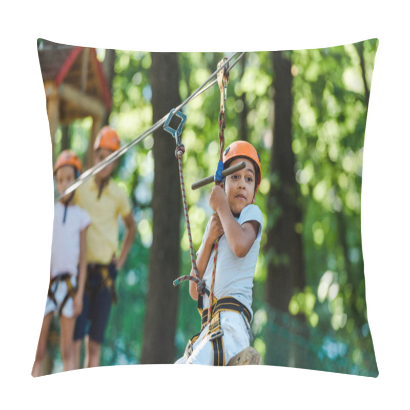 Personality  Selective Focus Of Cute African American Boy Riding On Cable Car Near Friends  Pillow Covers