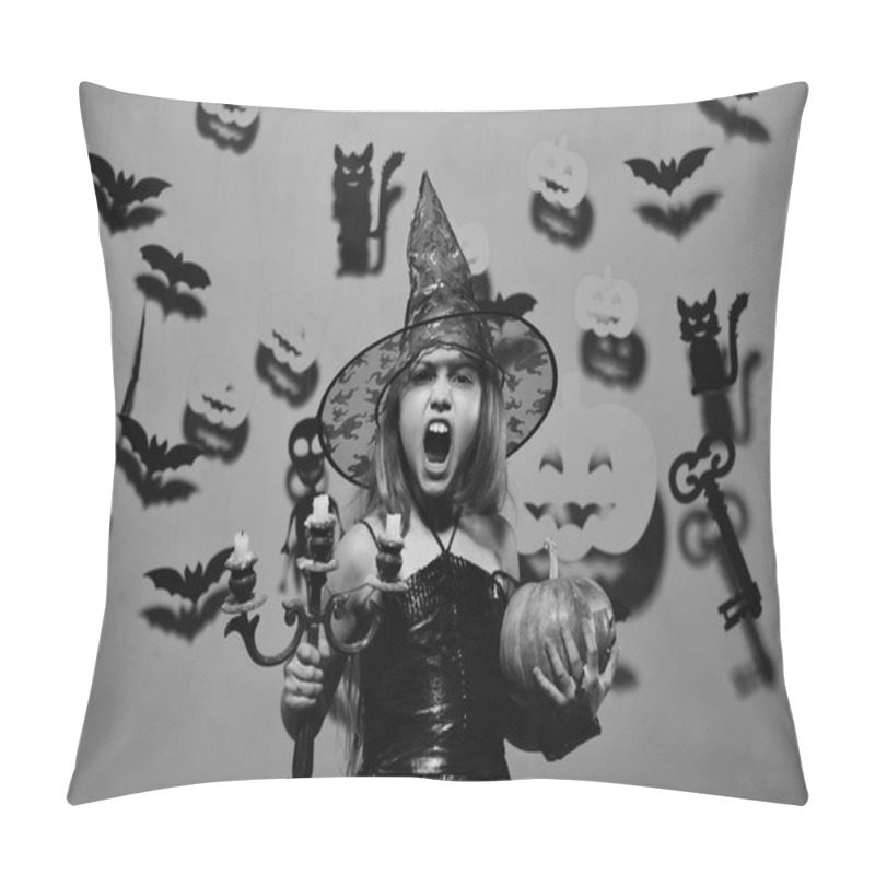 Personality  Kid In Spooky Witches Costume Holds Carved Pumpkin And Chandelier Pillow Covers