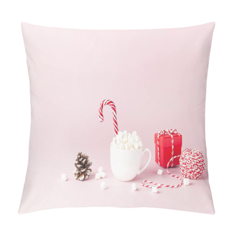 Personality  White Mug With Marshmallows Candy Cane, Red Gift Box, Pine Cone, Decorative Lace On Pink Background Flat Lay Winter Traditional Drink Food Festive Decor Christmas New Year Presents Xmas Holiday Pillow Covers