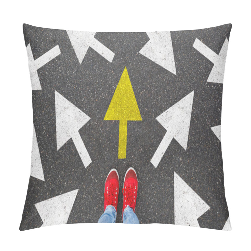 Personality  Person Standing On The Road To Future Life With Many Direction Sign Point In Different Ways And Only Yellow One. Decision Making Is Very Hard, But You Have A Choice And Right Way Pillow Covers