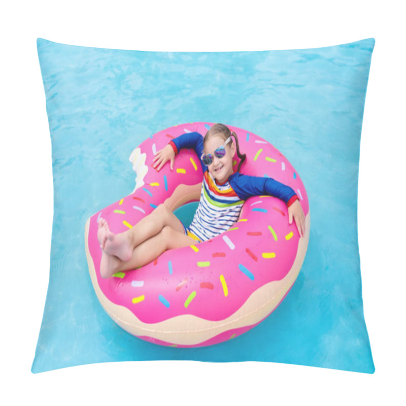 Personality  Child In Swimming Pool On Funny Inflatable Donut Float Ring. Little Girl Learning To Swim In Outdoor Pool Of Tropical Resort. Water Toys For Kids. Healthy Sport Activity For Children. Sun Protection.  Pillow Covers