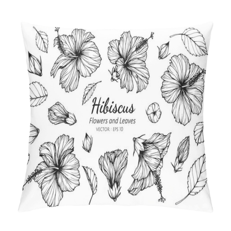 Personality  Collection Set Of Hibiscus Flower And Leaves Drawing. Pillow Covers