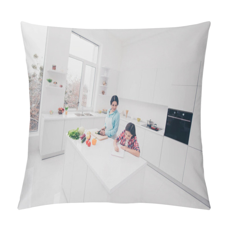 Personality  Portrait Of Two Nice Lovely Charming Attractive Stylish Trendy Cheerful People Girl Doing Task Mom Making Meal Lunch Snack Salad In Modern Light White Kitchen Interior Pillow Covers