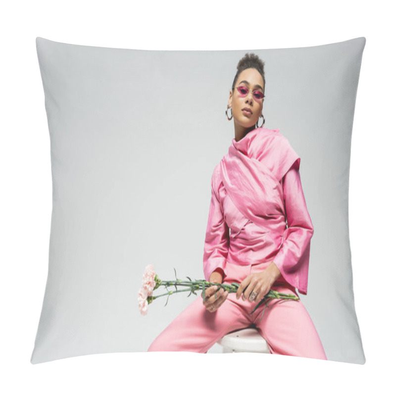 Personality  African American Fashion Model In Pink Attire And Sunglasses Holding Flowers And Sitting On Chair Pillow Covers