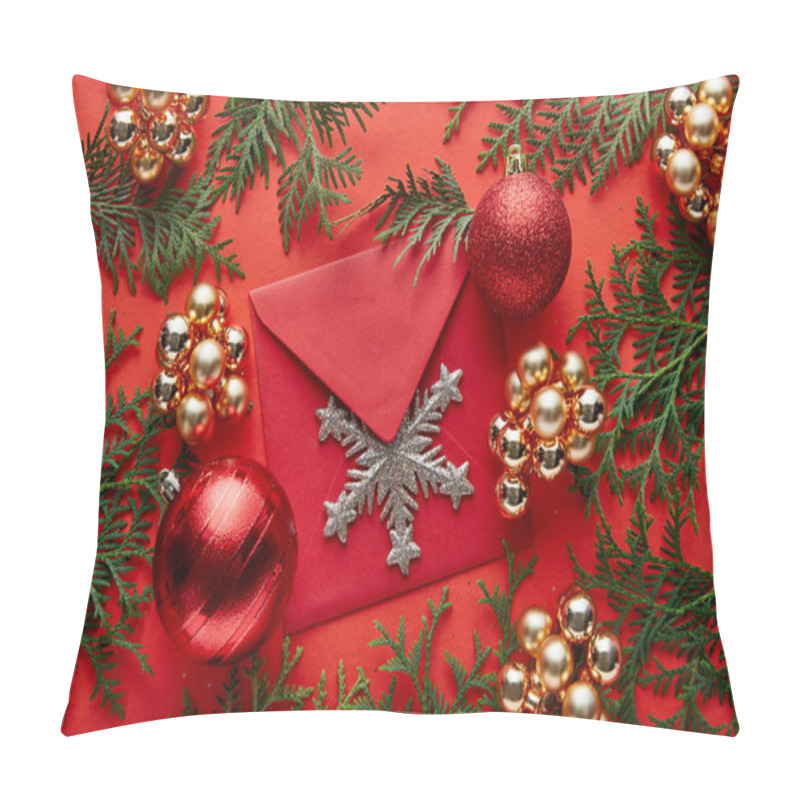 Personality  Top View Of Shiny Christmas Decoration, Envelope With Snowflake And Thuja On Red Background Pillow Covers