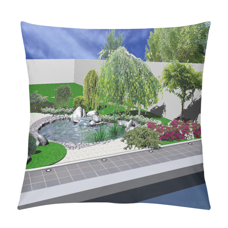 Personality  Hardscapes And Koi Pond, 3d Rendering Pillow Covers