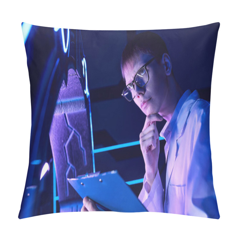 Personality  Young Thoughtful Scientist With Clipboard In Neon-lit Innovation Hub, Futuristic Concept Pillow Covers