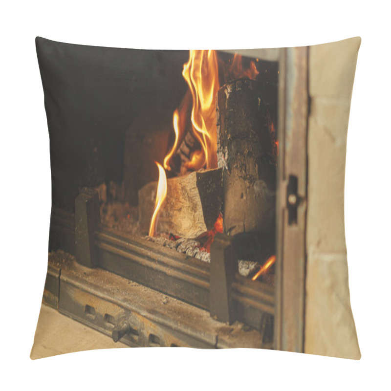 Personality  Heating House In Winter With Wood Burning Stove. Burning Firewood In Fireplace In Rustic Room. Fireplace Heating Alternative To Gas And Electricity Pillow Covers